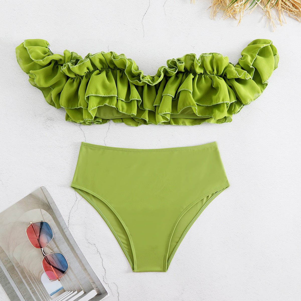2026 Ruffle High-Waist Bikini | Solid Color Off-Shoulder Printed Swimwear