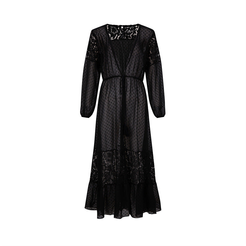 2026 Summer Chiffon Patchwork Long Beach Cover Up Sunscreen Bikini Outer Wear Swim Dress