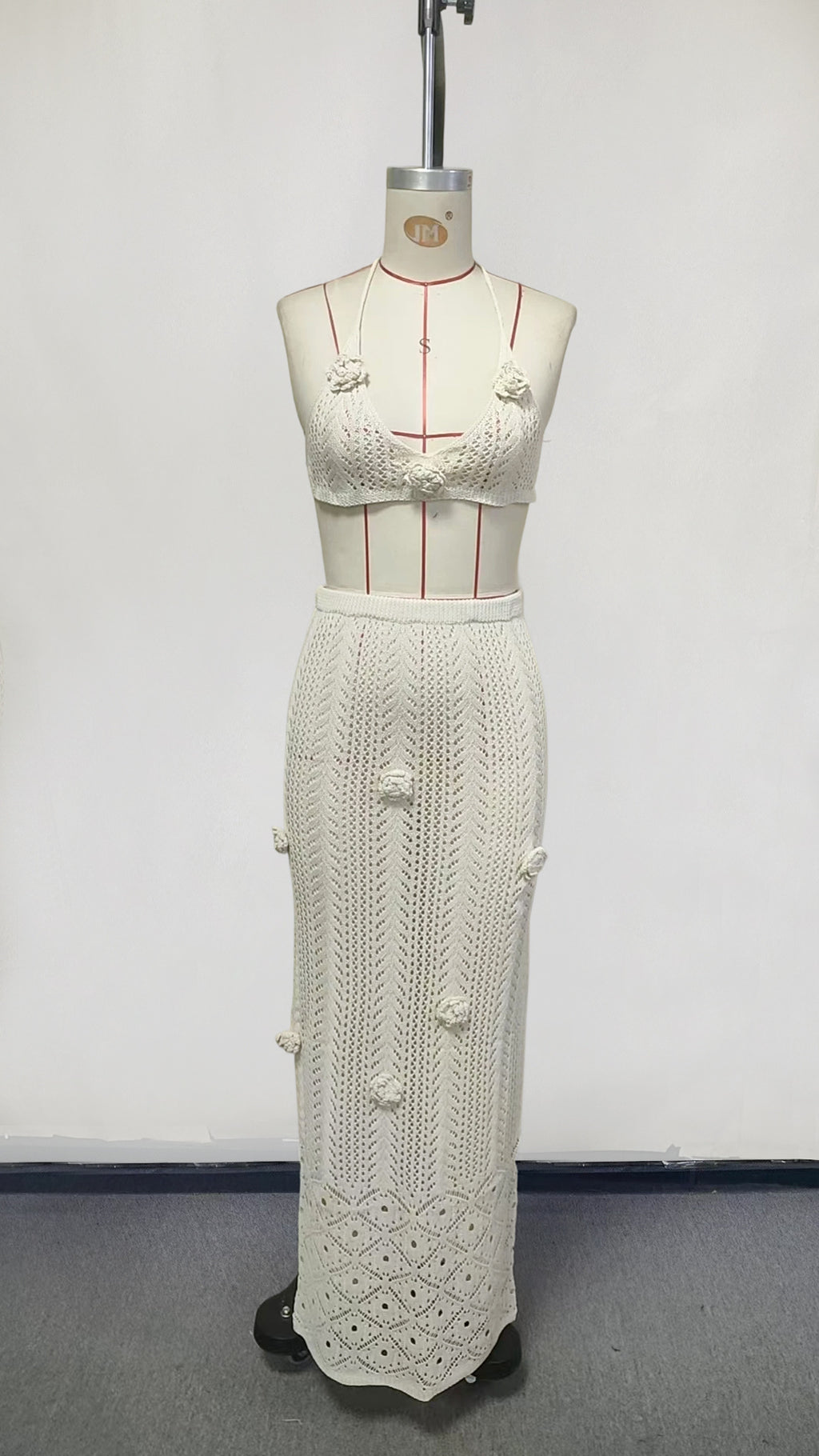 2026 Sexy Floral Cut Out Waist Halter Tie Up Knit Maxi Swimsuit Dress
