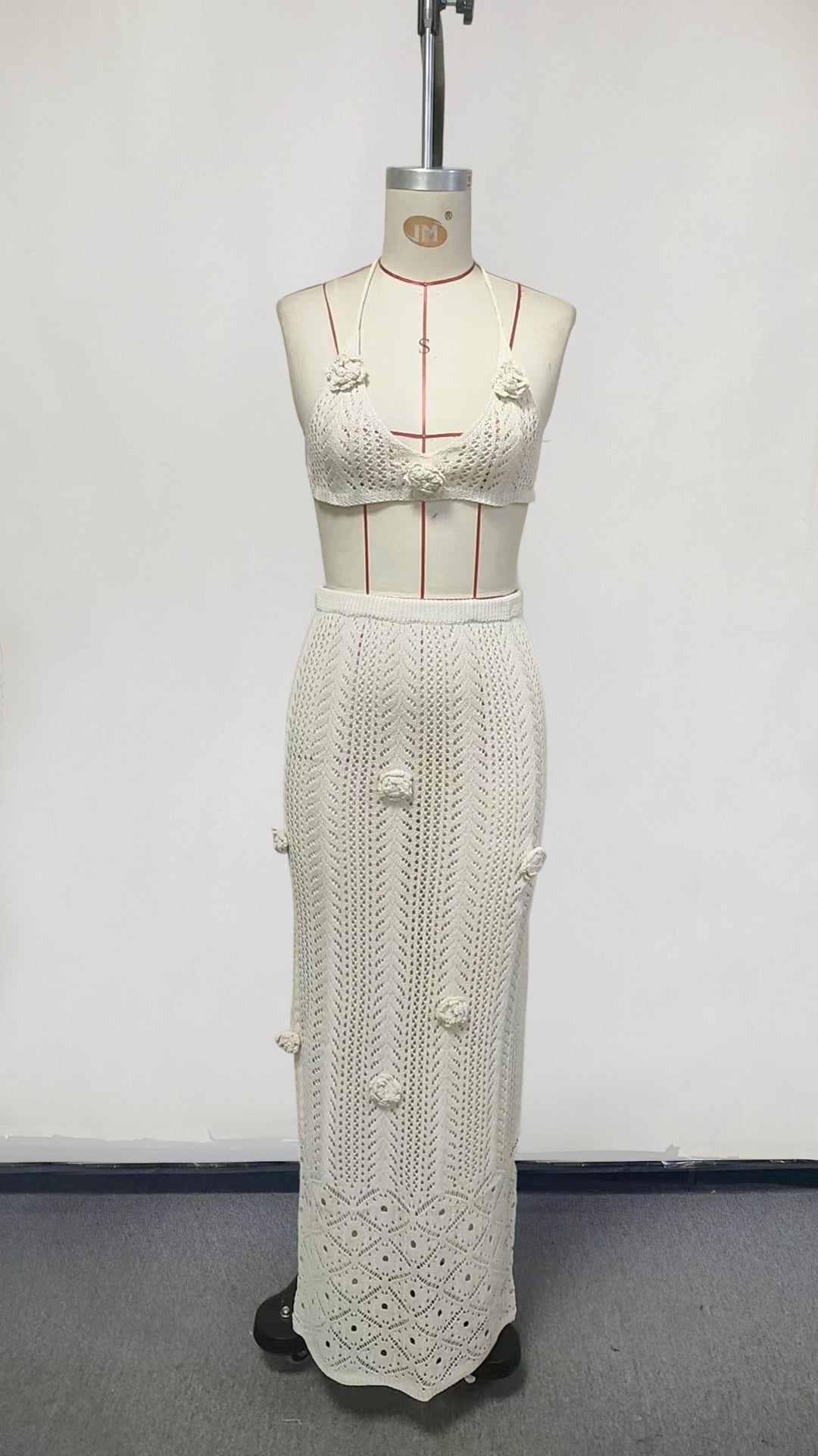 2026 Sexy Floral Cut Out Waist Halter Tie Up Knit Maxi Swimsuit Dress