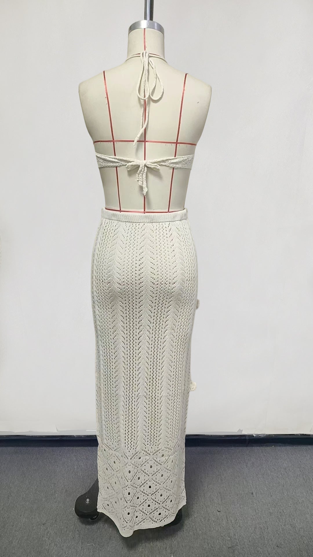 2026 Sexy Floral Cut Out Waist Halter Tie Up Knit Maxi Swimsuit Dress