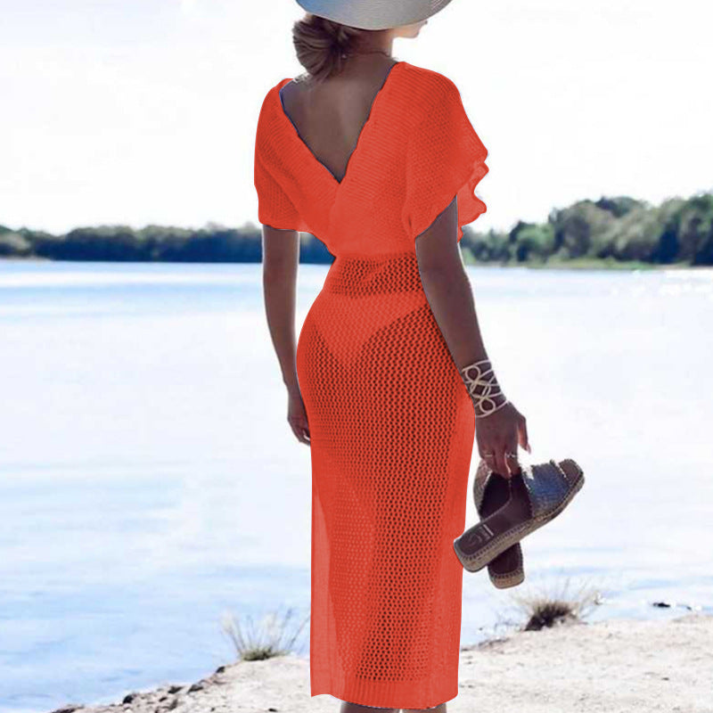 New Solid Color Sexy Hollow Out Maxi Beach Dress Patchwork Tie Up Bikini Sunscreen Cover