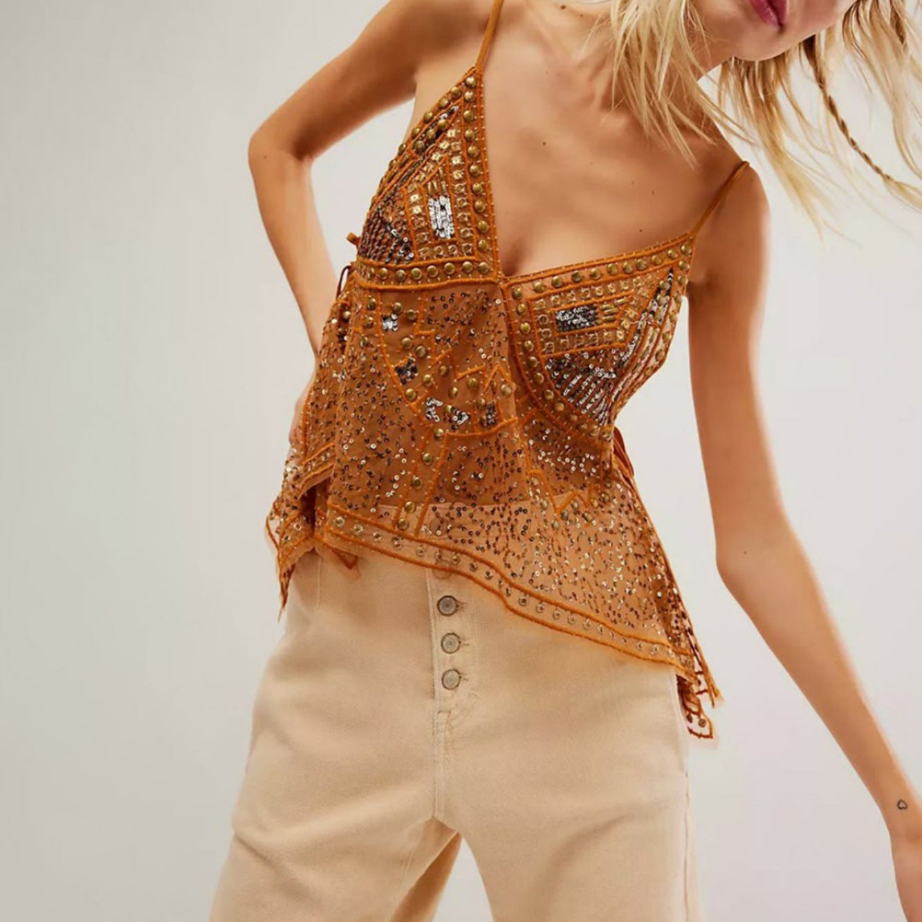 2026 Sexy Sheer Backless Rhinestone Spaghetti Strap Beach Sunscreen Tank Top