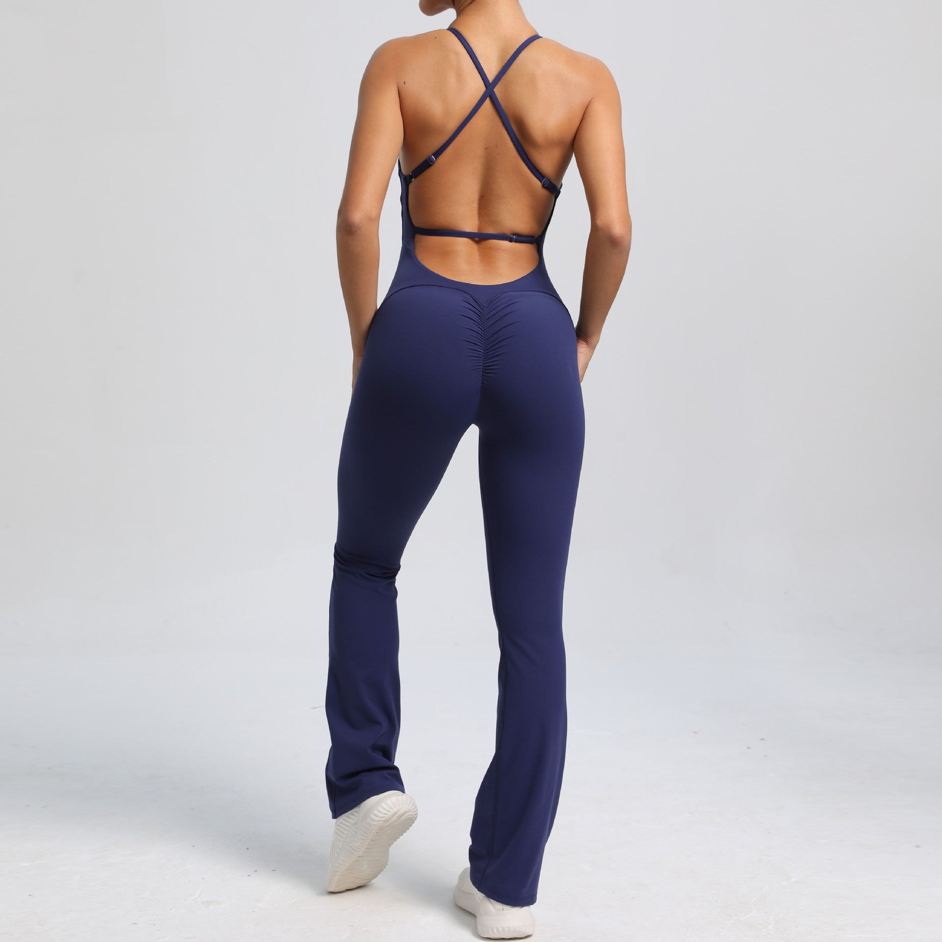 Adjustable Strap Backless Scrunch Butt Yoga Jumpsuit Slight Flare Fitness Wear