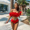 2026 Ruffle High-Waist Bikini | Solid Color Off-Shoulder Printed Swimwear