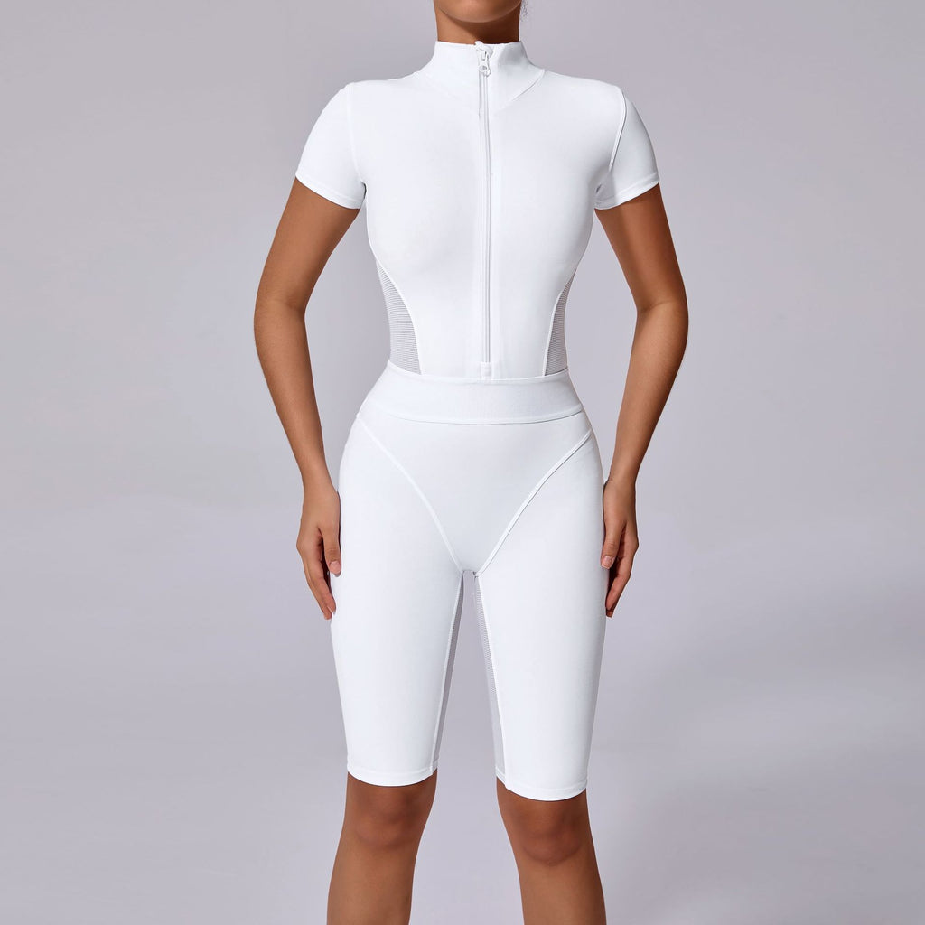 Waist-Shaping Zip Neck Short Sleeve Yoga Jumpsuit Mesh Panel Gym Bodysuit