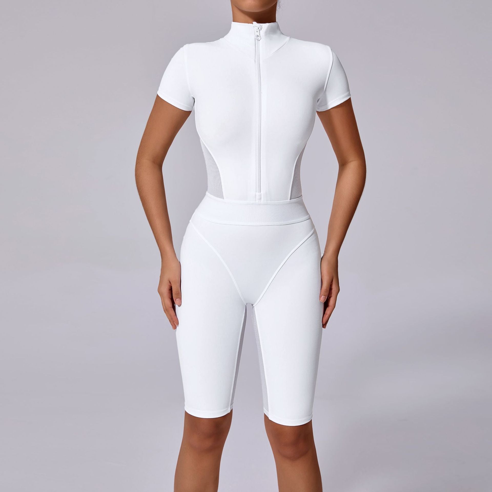 Waist-Shaping Zip Neck Short Sleeve Yoga Jumpsuit Mesh Panel Gym Bodysuit