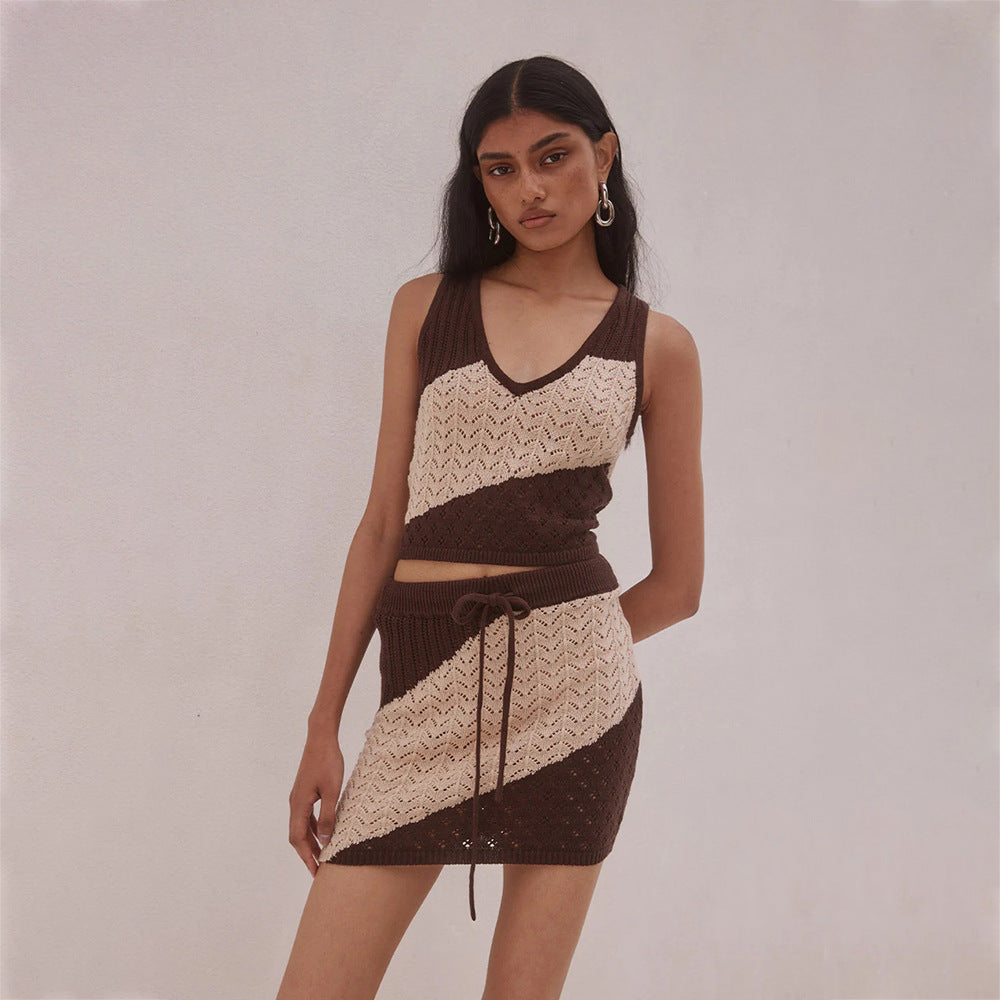 2026 Summer Sexy Striped Hollow Out Knitted Beach Dress Bikini Swimsuit Cover Up Sunscreen Set
