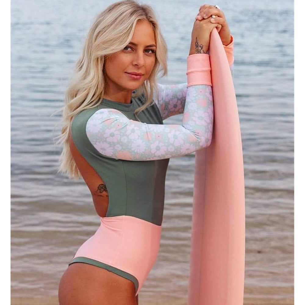 2026 Long-Sleeve Surf Swimsuit | Solid & Printed Patchwork Backless Women Swimwear