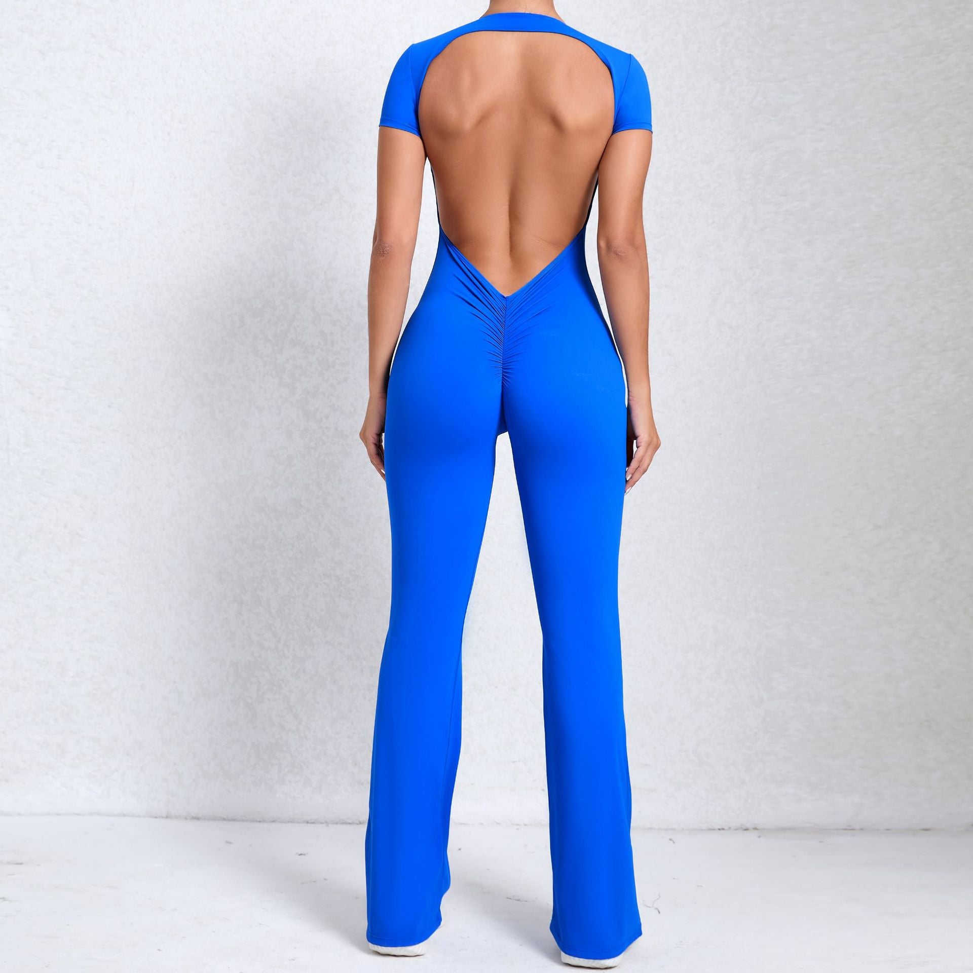 Backless Short Sleeve Bare-Feel Yoga Jumpsuit Flared Tight Gym Wear