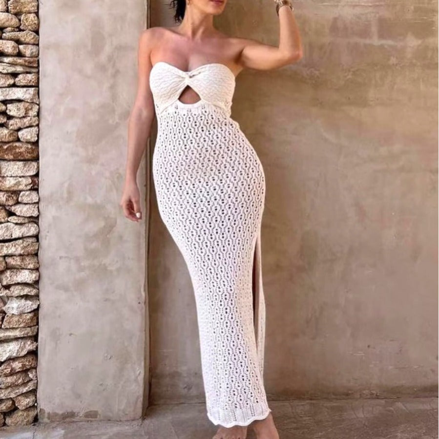 2026 Summer New Style Influencer Crop Top Style Tube Dress - Open Mesh Hollow Out Knitted Stretchy Beachwear