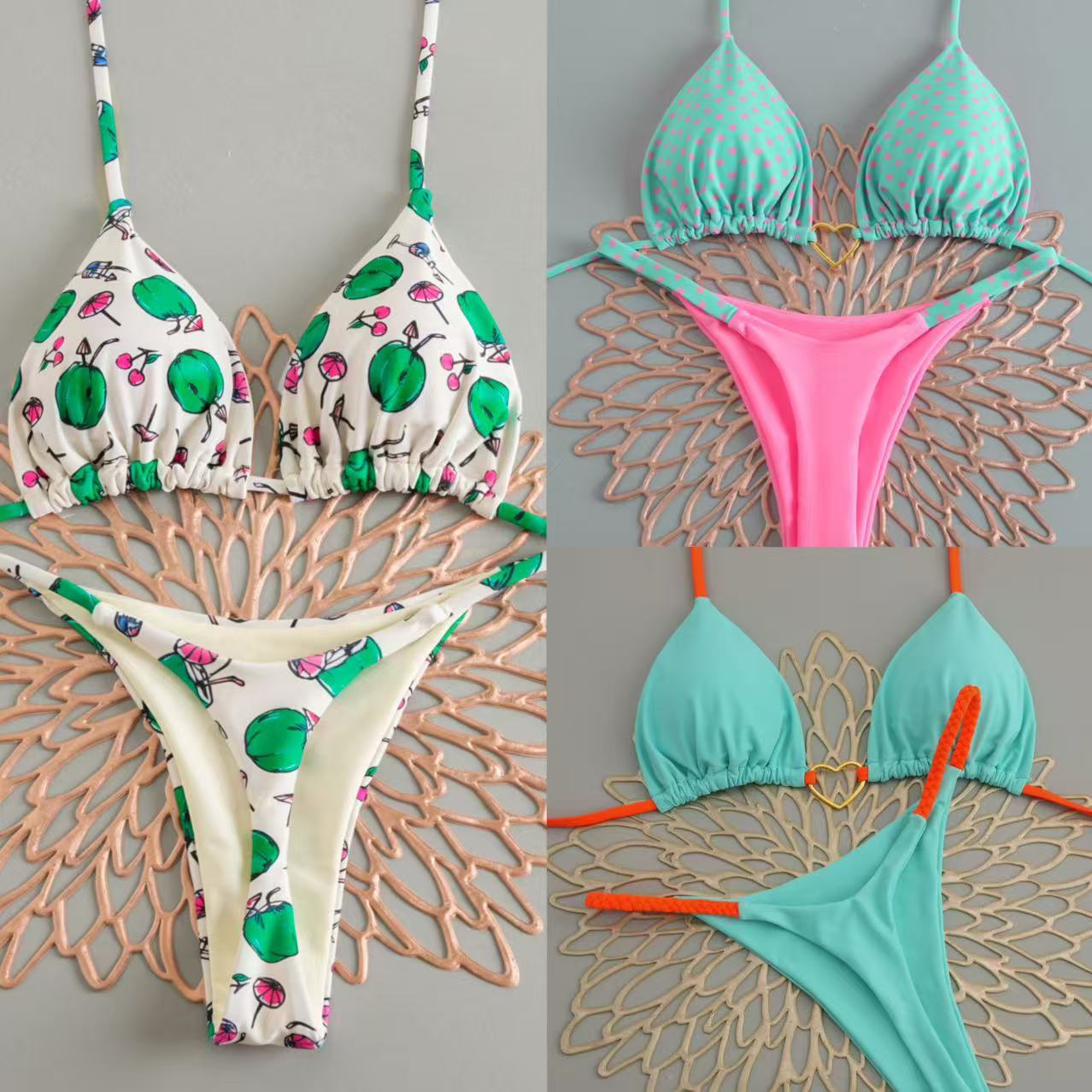 2026 Solid Color Nylon Heart Bikini Set | Low-Waist Tie Fashion Swimwear