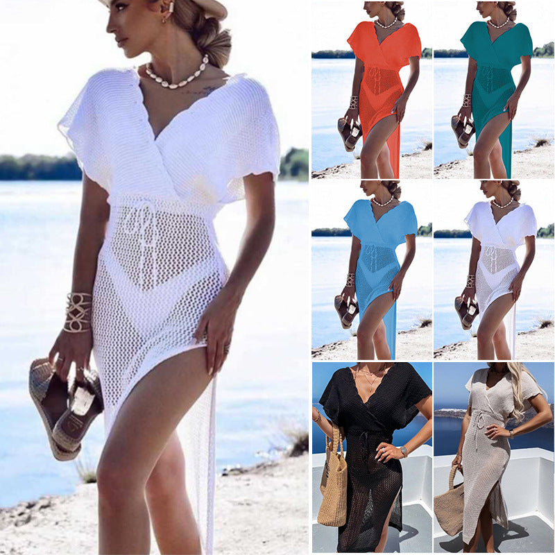 New Solid Color Sexy Hollow Out Maxi Beach Dress Patchwork Tie Up Bikini Sunscreen Cover