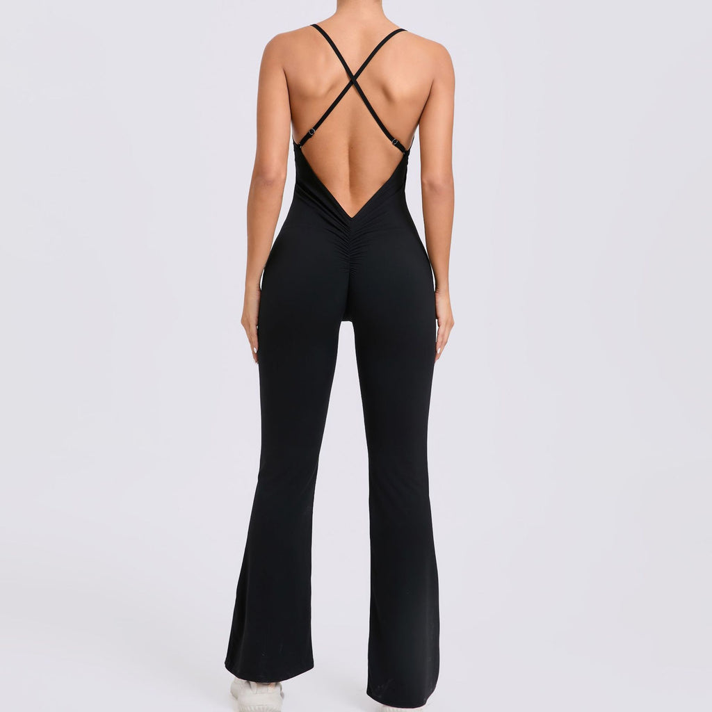 Adjustable Strap Flared Yoga Jumpsuit Cutout Lifting Fitness Bodysuit