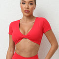 Twist-Front V-Neck Yoga Crop Tee｜Shock-Resistant Quick-Dry Tight Active Top for Fitness & Running