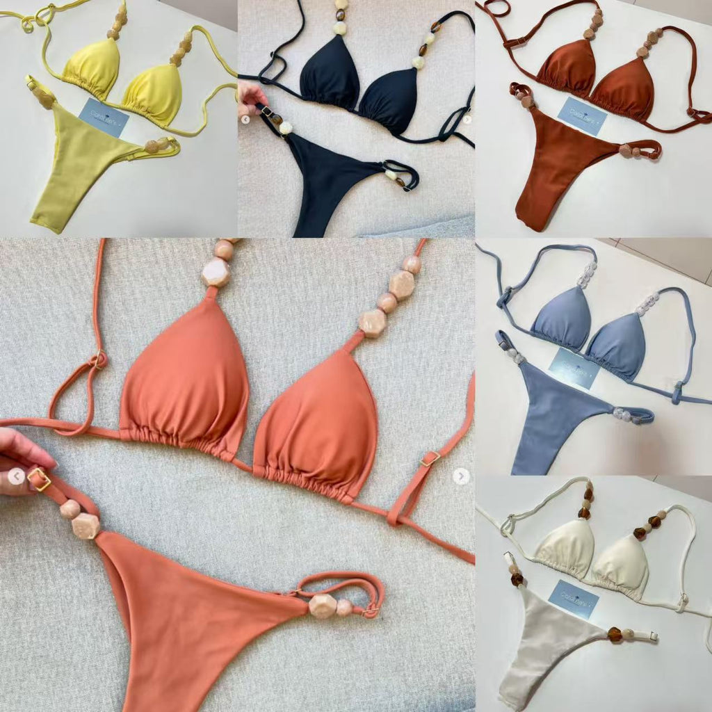 2026 Solid Color Pebble Detail Bikini | Fresh Luxury Hot Spring Vacation Swimwear