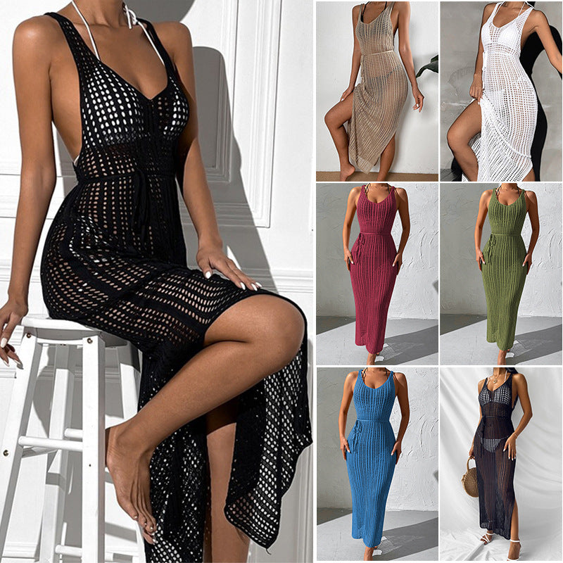 2026 Vacation Knit Beach Cover Up High Waist Backless Sexy Midi Dress