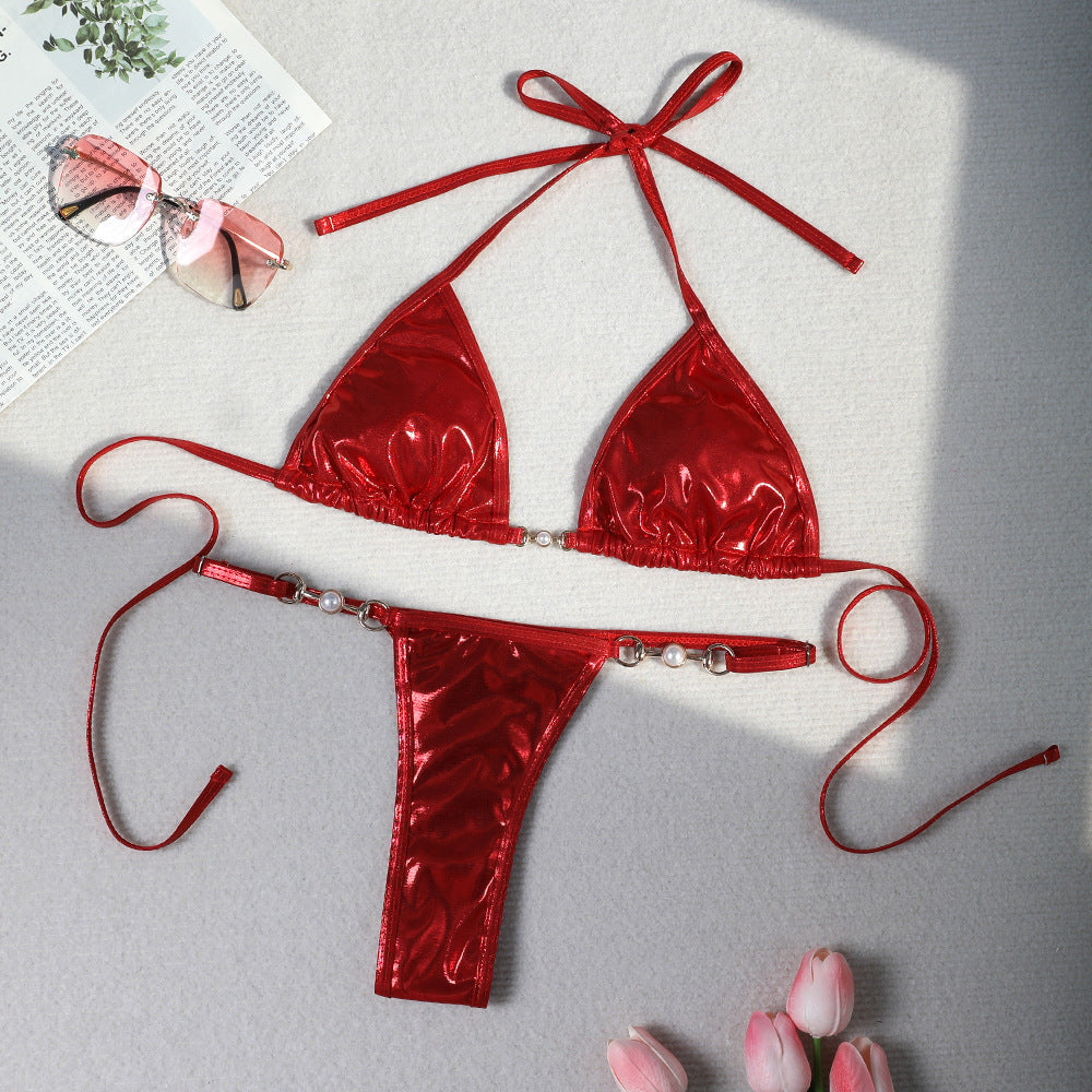 2026 Summer Sexy Shiny Pearl Thong Bikini Set High Cut Two Piece Swimsuit