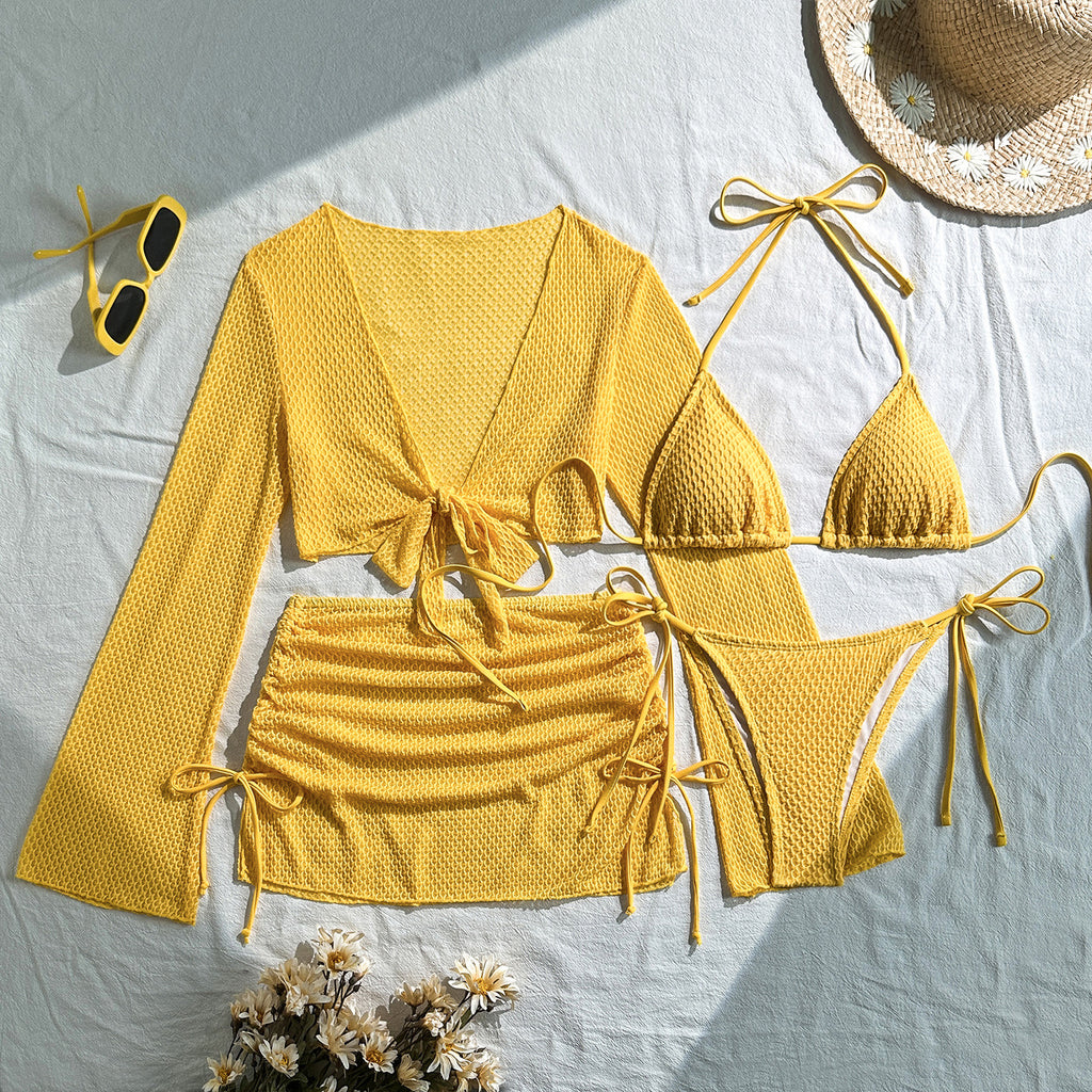2026 Solid Color Sexy Bikini Set Four Piece Beach Vacation Split Swimsuit INS Style