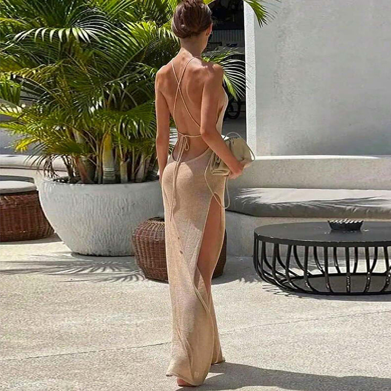 2026 Viral Double High Split Spaghetti Strap Backless Knit Beach Maxi Dress