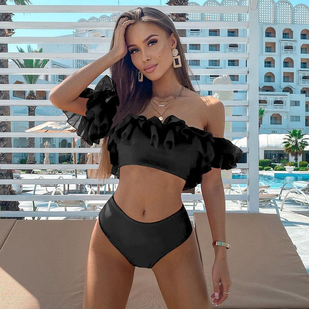 2026 Ruffle High-Waist Bikini | Solid Color Off-Shoulder Printed Swimwear