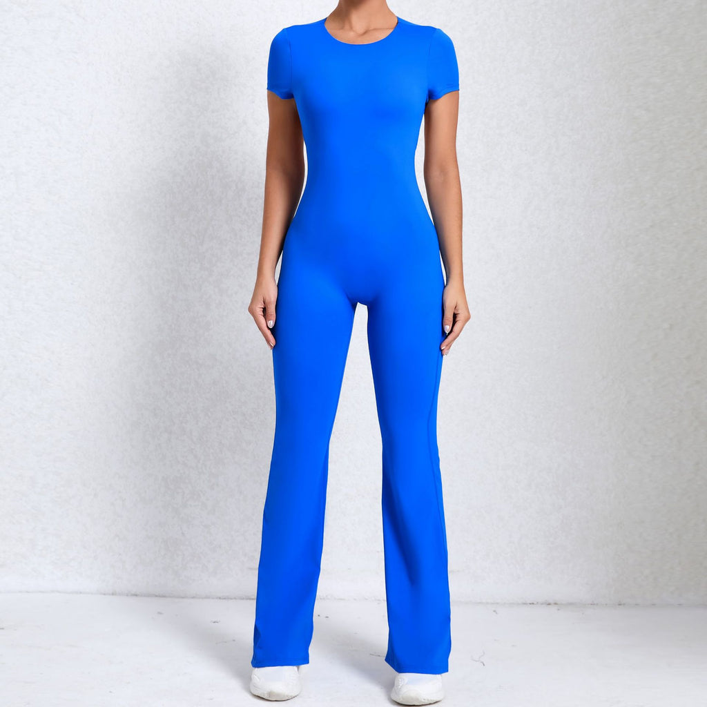 Backless Short Sleeve Bare-Feel Yoga Jumpsuit Flared Tight Gym Wear