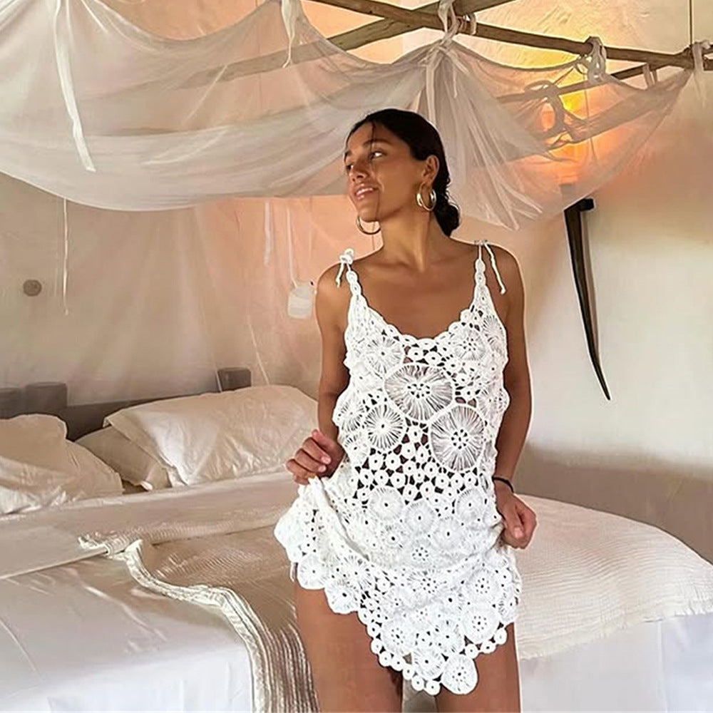2026 New Arrival Solid Color Hollow Out Crochet Beach Cover Up Dress Sexy Vacation Swimwear Outfit