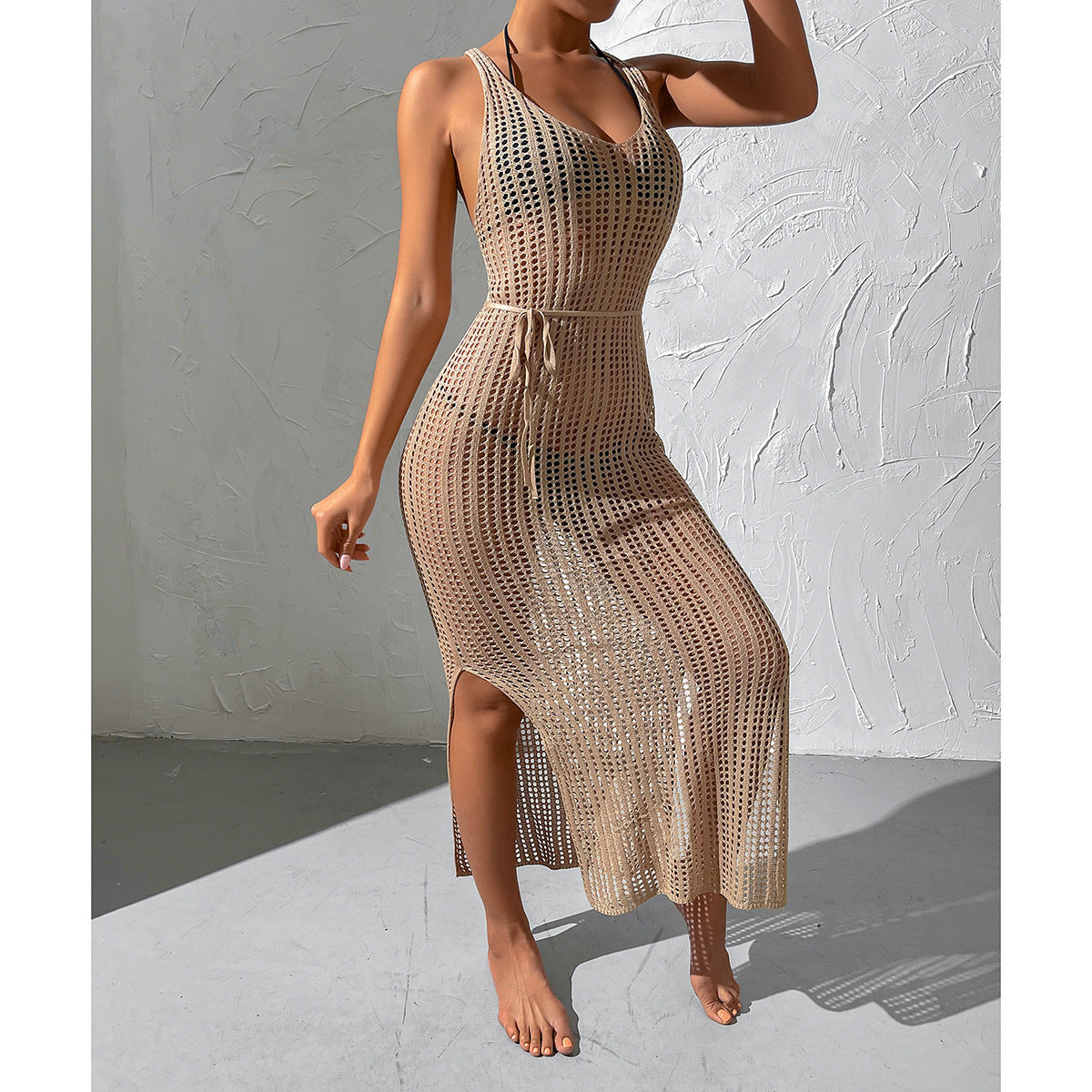 2026 Vacation Knit Beach Cover Up High Waist Backless Sexy Midi Dress