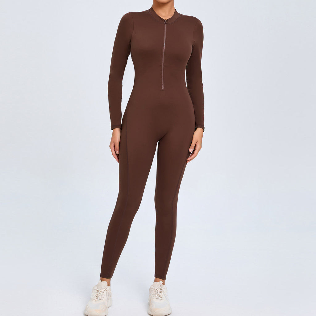 New Zipper Long Sleeve Bare-Feel Yoga Jumpsuit Tight Gym Activewear