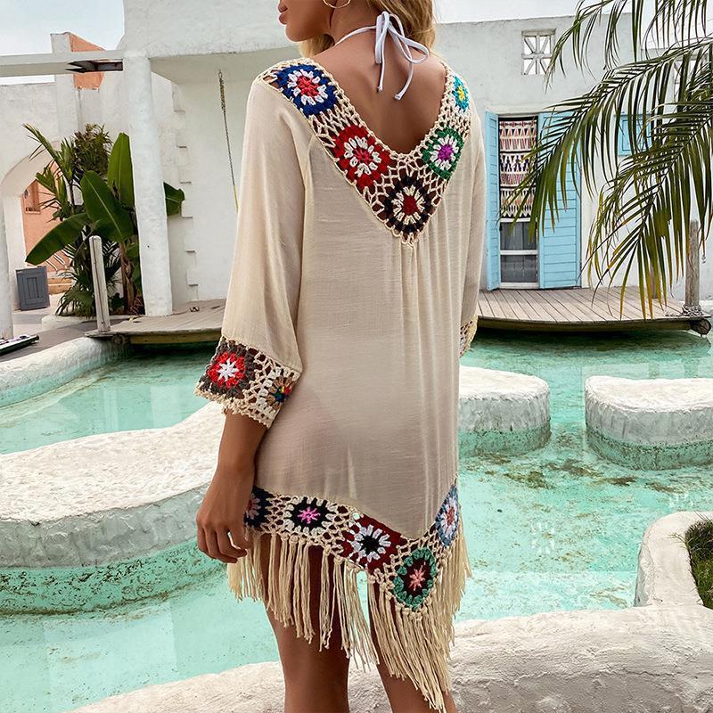 2026 New Women Handmade Crochet Floral Beach Dress Long Style Sunscreen Cover Up