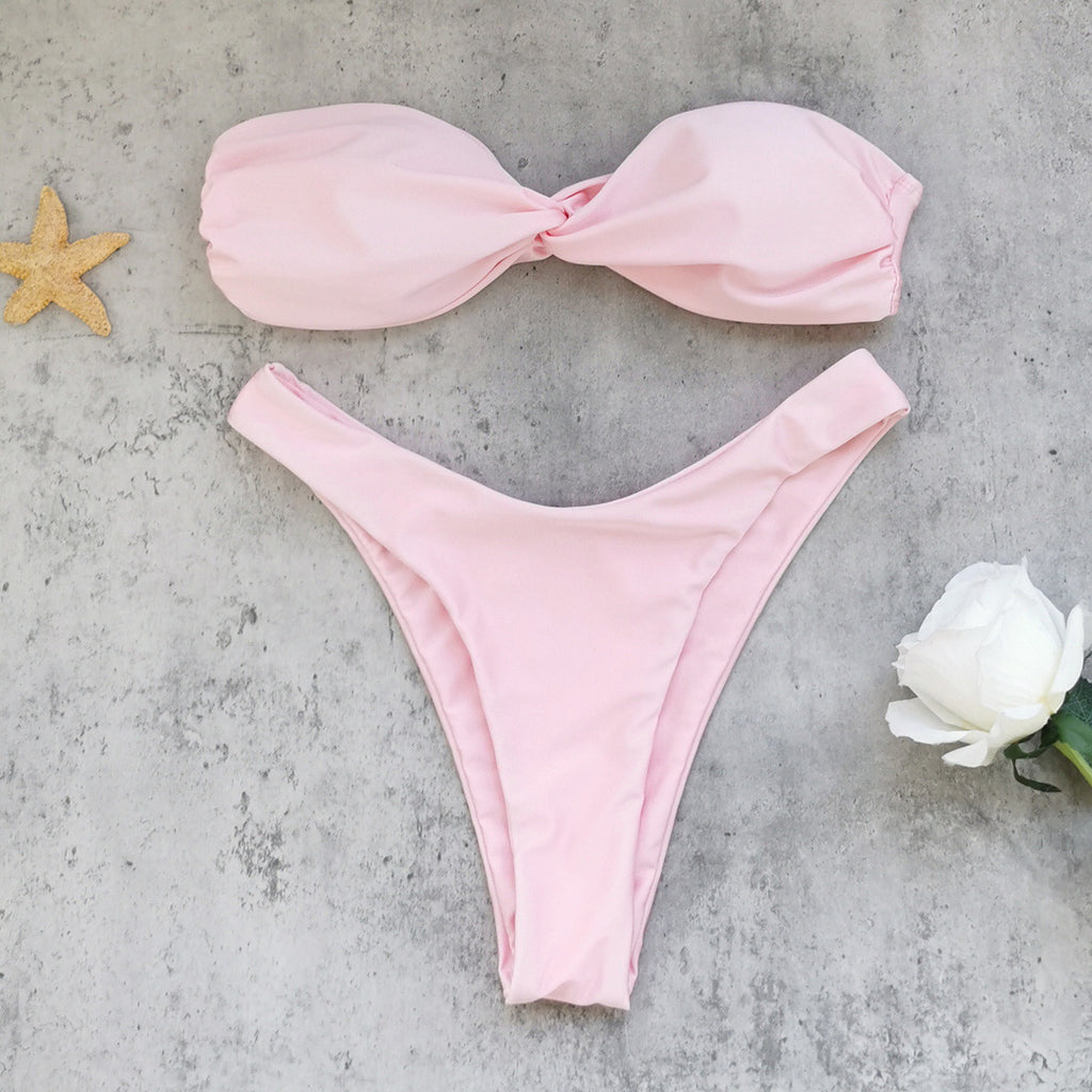 2026 Solid Color Bandeau Low-Waist High-Slit Triangle Bikini | Women Two-Piece Swimwear