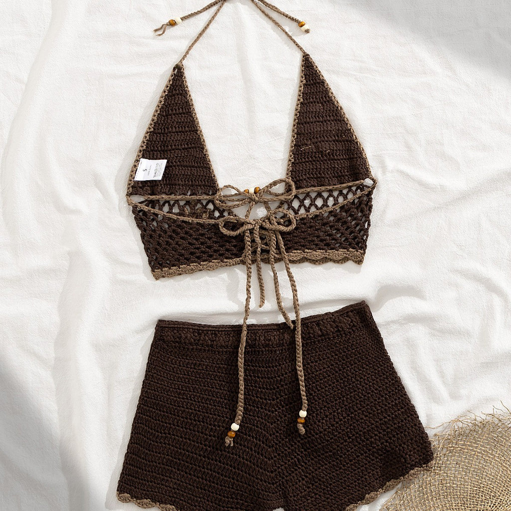 2026 Knitted Lace-Up Cut-Out Bikini Set | High-Waist Shorts Two-Piece Swimwear