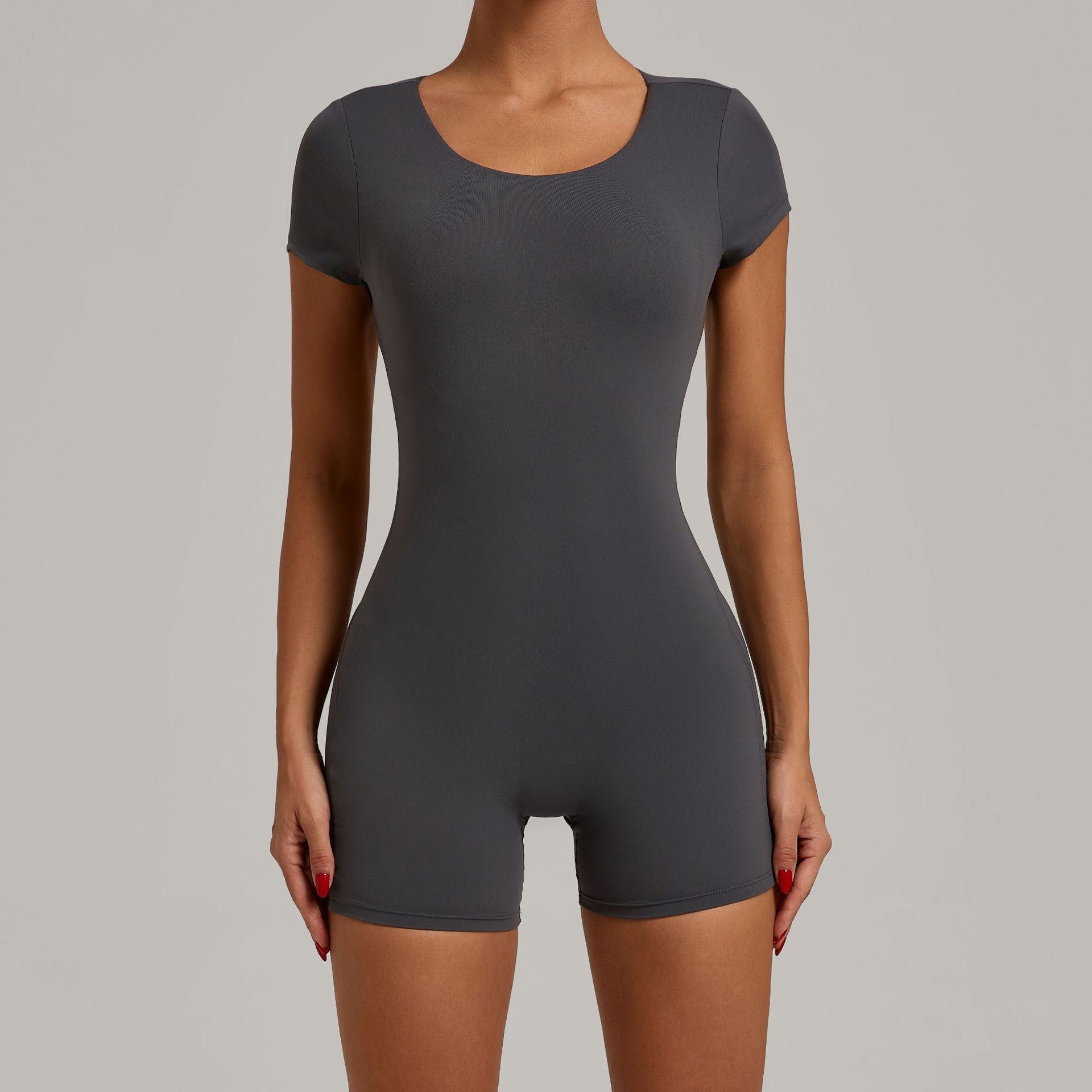 Backless Scrunch Butt Yoga Jumpsuit Sculpting Short Sleeve Fitness Bodysuit