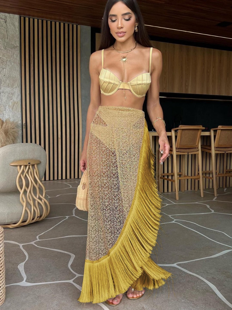 2026 High-Waist Triangle Bikini Skirt Three-Piece Set | Solid Color Women Swimwear