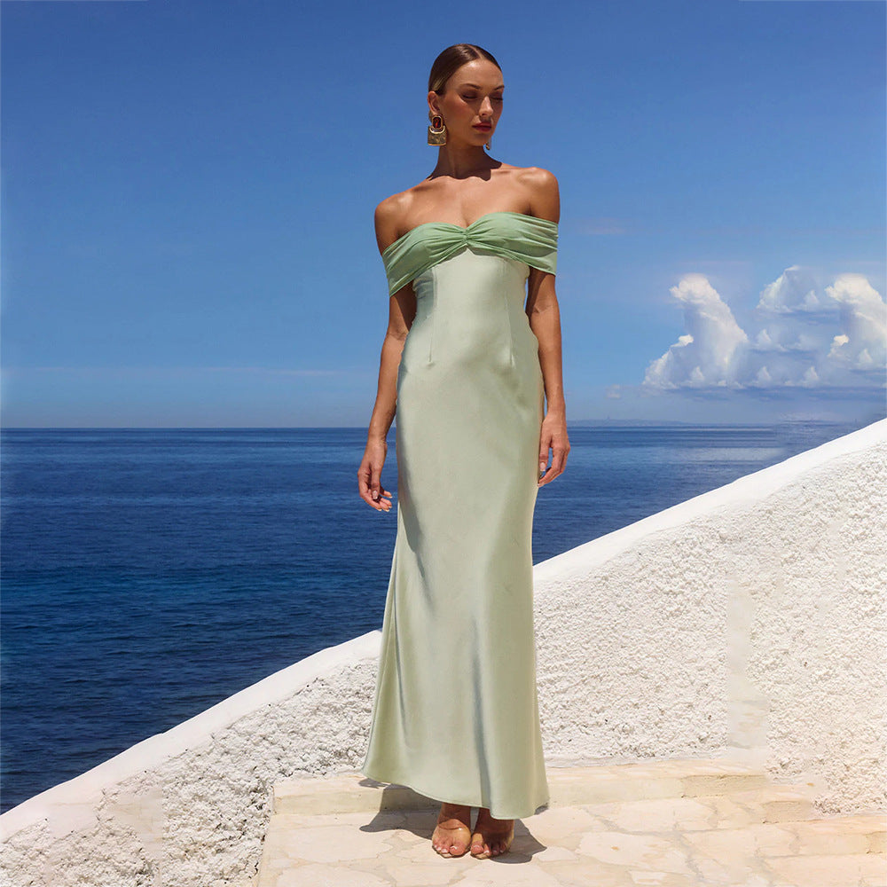 2026 Summer French Elegant Sexy Backless Off Shoulder Tube Top Ruffled Long Beach Dress