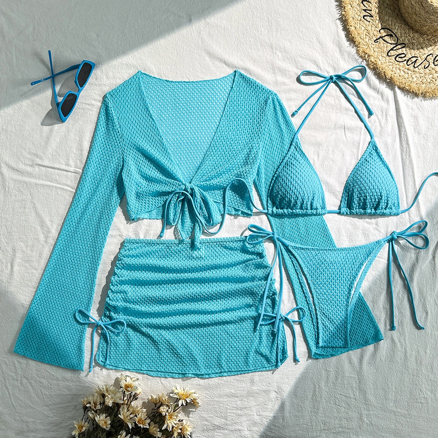 2026 Solid Color Sexy Bikini Set Four Piece Beach Vacation Split Swimsuit INS Style