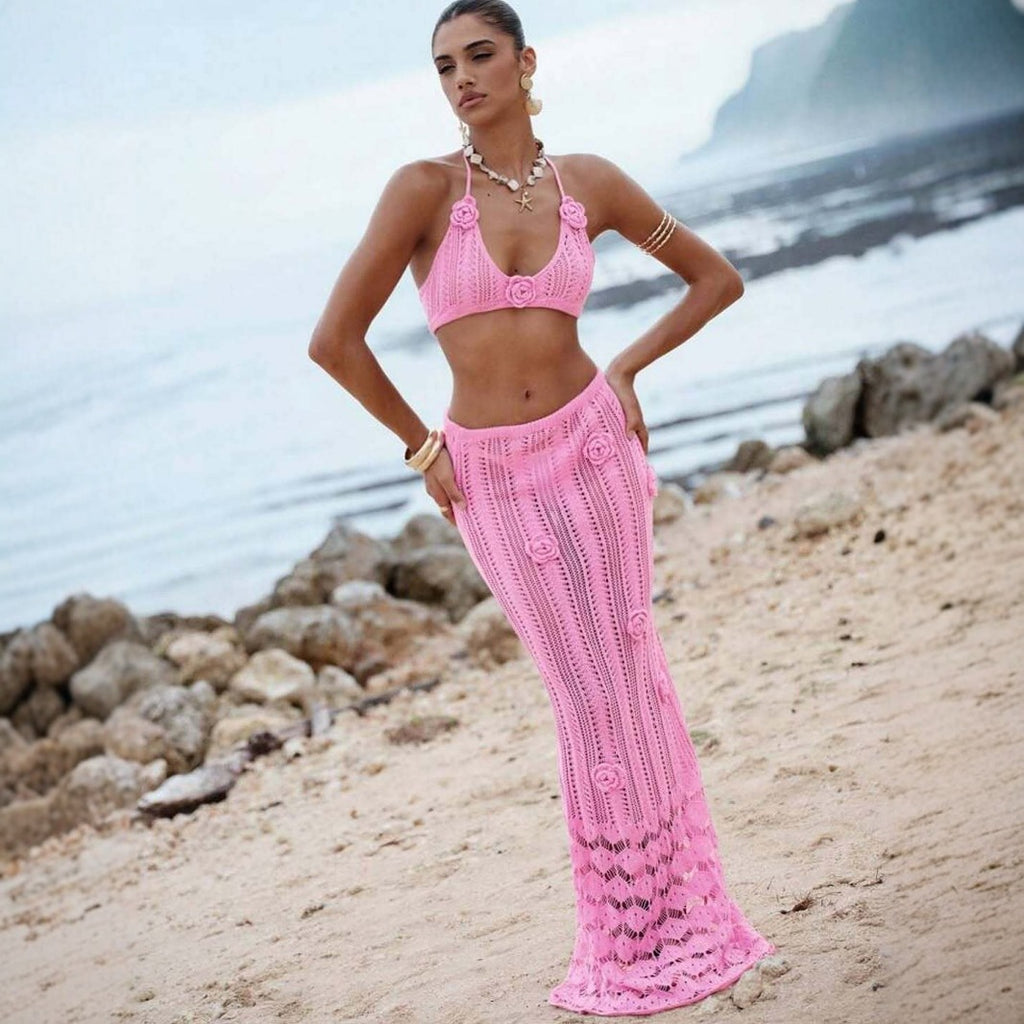 2026 Sexy Floral Cut Out Waist Halter Tie Up Knit Maxi Swimsuit Dress