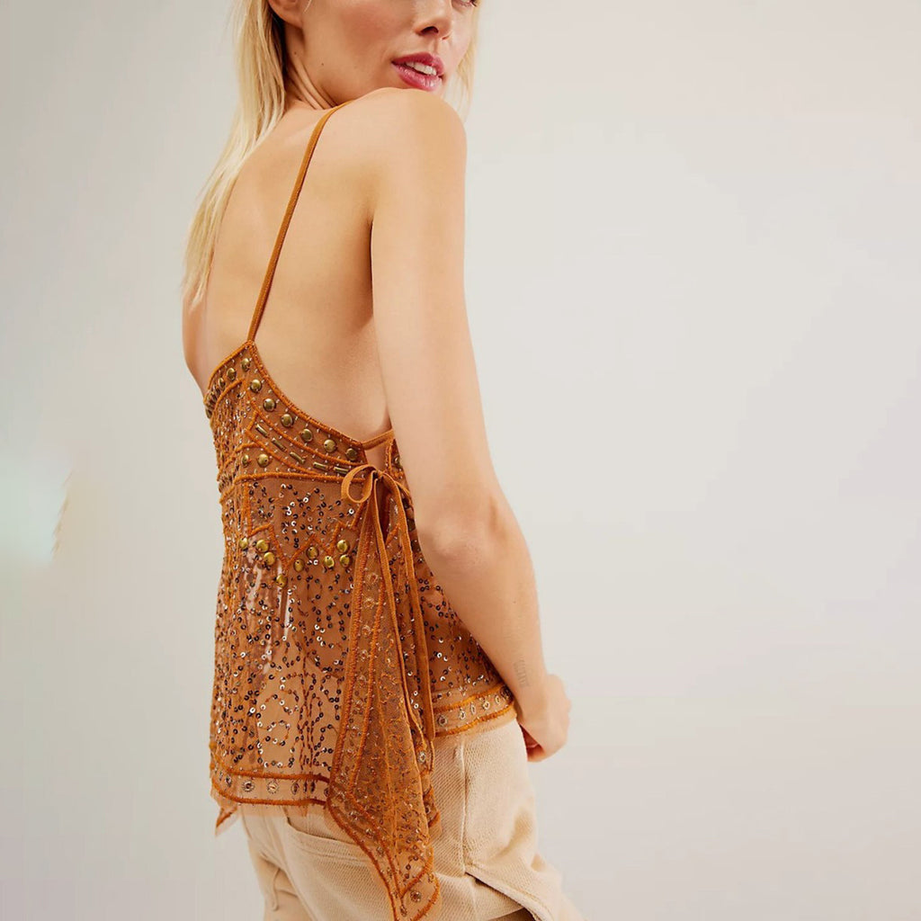 2026 Sexy Sheer Backless Rhinestone Spaghetti Strap Beach Sunscreen Tank Top