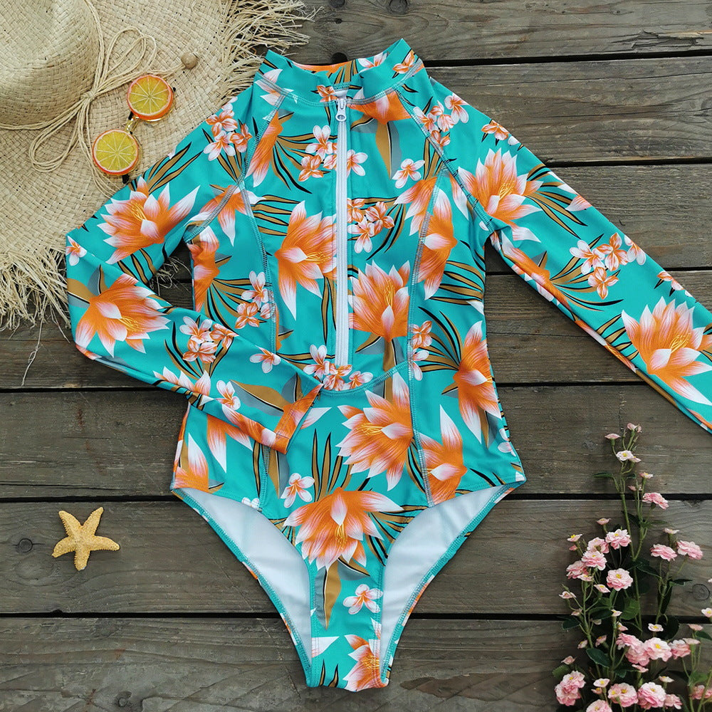 2026 Long-Sleeve Zip Surf Swimsuit | Printed Integrated One-Piece Swimwear