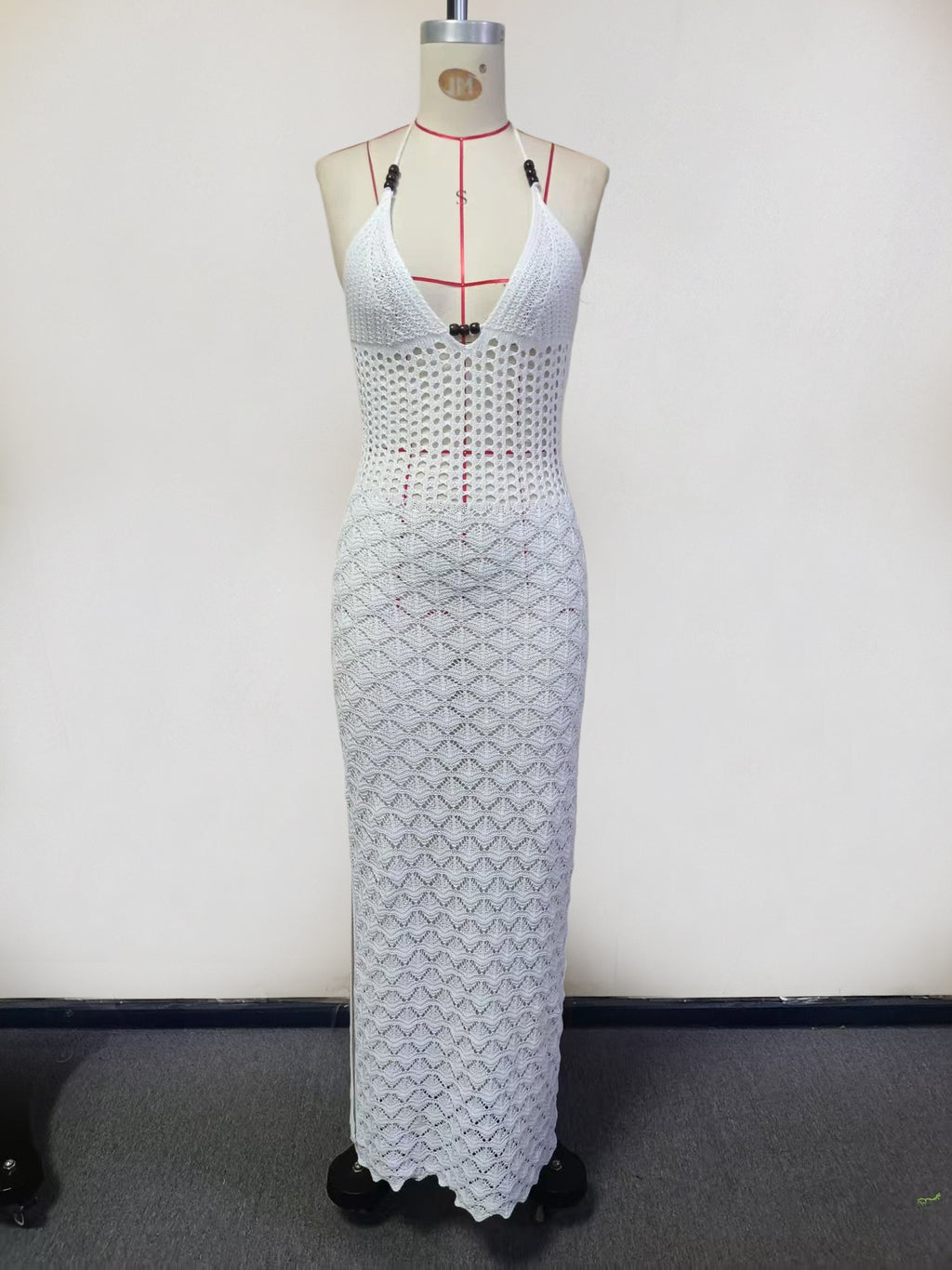 2026 New Solid Color Sexy V-Neck Knitted Hollow Out Beach Cover Up Dress Bikini Swimsuit Cover Up