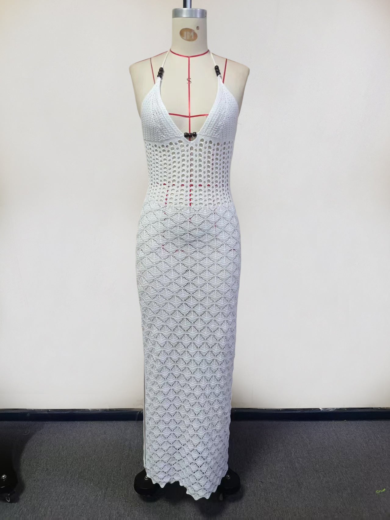 2026 New Solid Color Sexy V-Neck Knitted Hollow Out Beach Cover Up Dress Bikini Swimsuit Cover Up