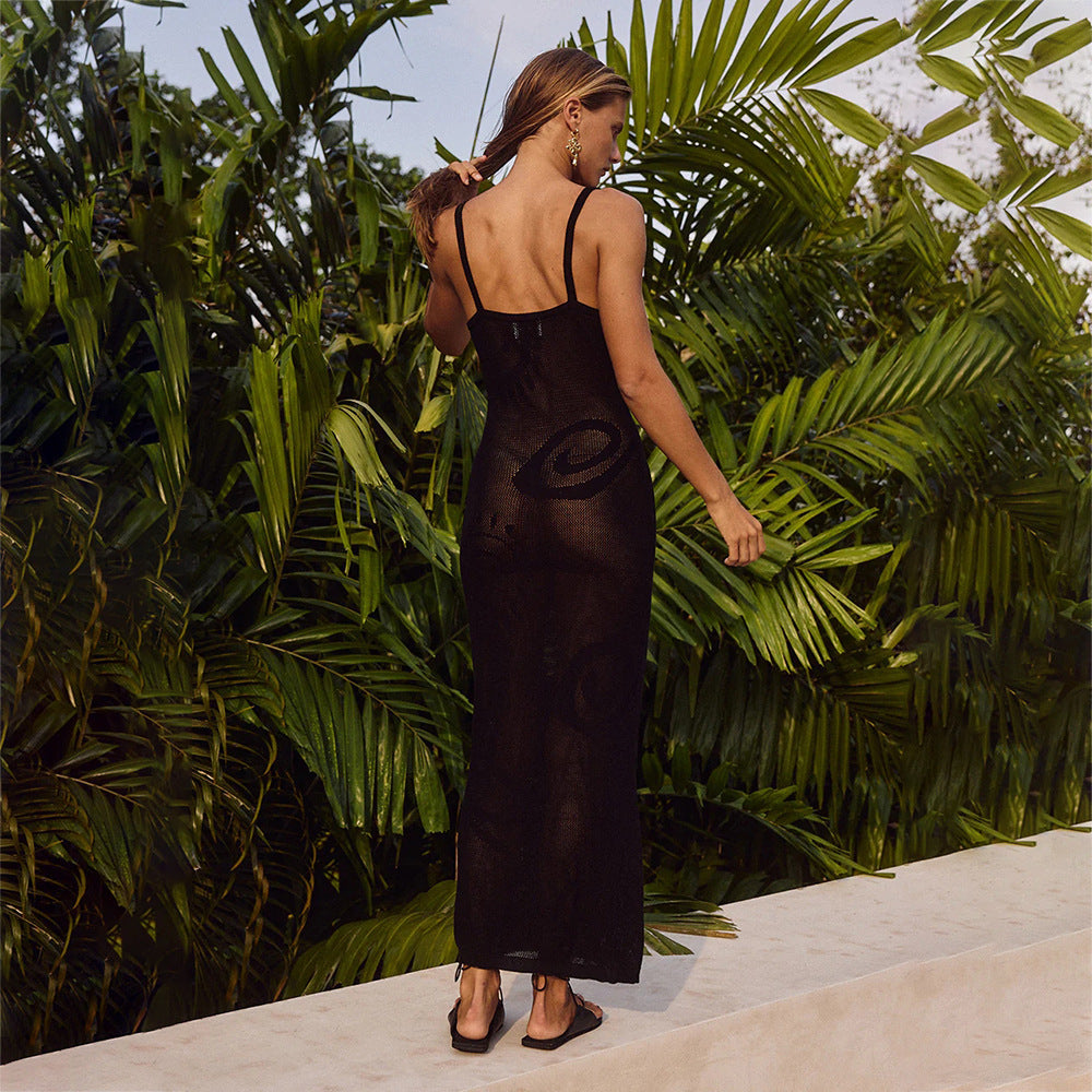 2026 Summer Sexy Solid Color Hollow Out Spaghetti Strap Knitted Beach Cover Up Bikini Swimsuit Dress