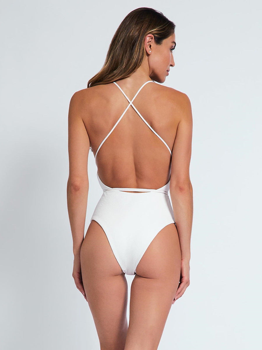 2026 Solid Color Deep V Backless One-Piece Swimsuit | Sexy Women Swimwear