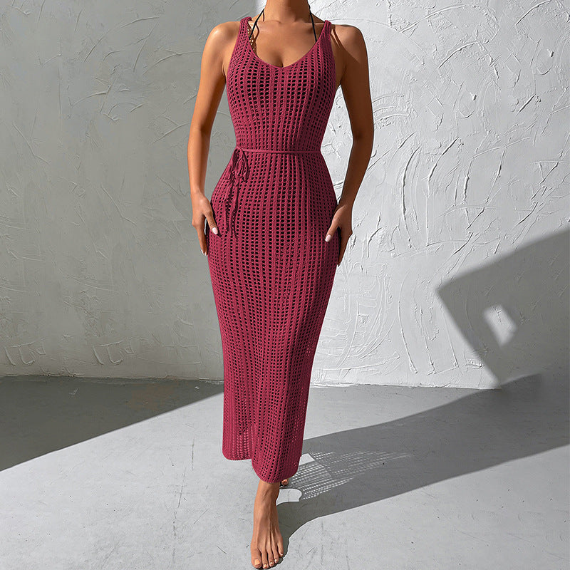 2026 Vacation Knit Beach Cover Up High Waist Backless Sexy Midi Dress
