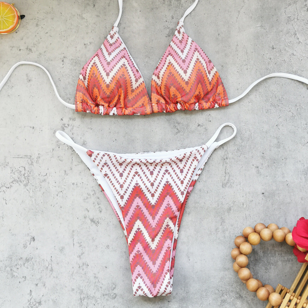2026 Striped Print Backless Triangle Bikini | Mesh Long Pants Three-Piece Swimwear Set
