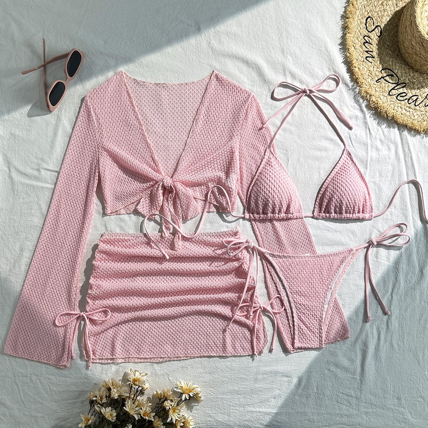 2026 Solid Color Sexy Bikini Set Four Piece Beach Vacation Split Swimsuit INS Style