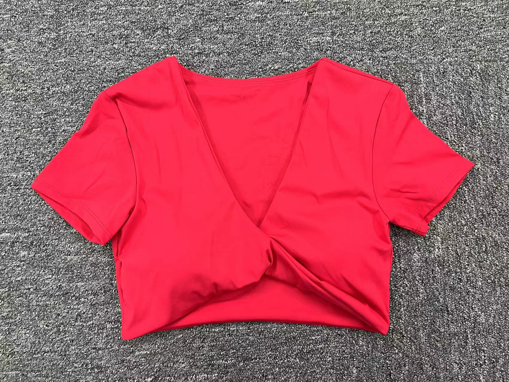 Twist-Front V-Neck Yoga Crop Tee｜Shock-Resistant Quick-Dry Tight Active Top for Fitness & Running