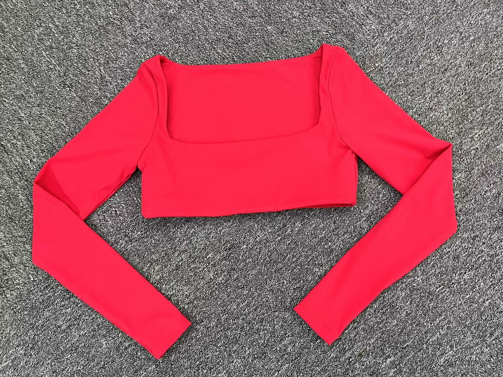Square Neck Long Sleeve Yoga Top with Bra Pads | Quick-Dry Running & Workout Activewear