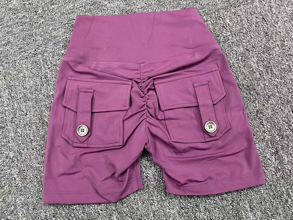 Scrunch Butt Cargo Yoga Shorts High-Waist Stretch Button Quick-Dry Running Shorts