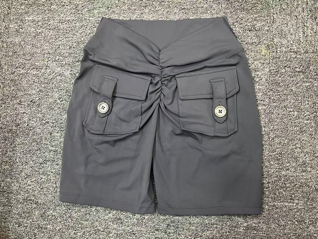 Back V Cargo Pocket Ruched Scrunch Butt Yoga Shorts Tight Fitness Shorts